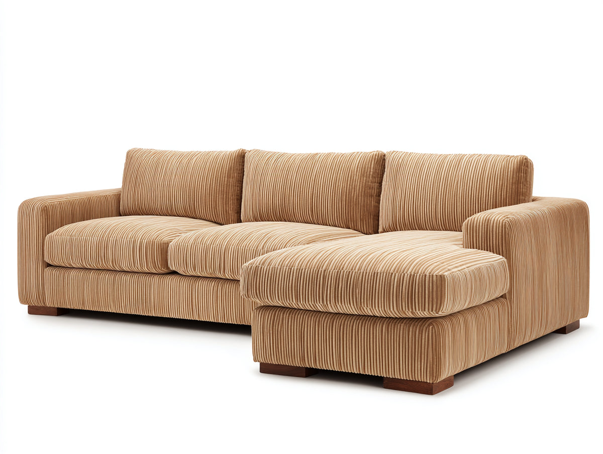 Divano angolare - velluto a coste-legno - 255 x 175 x 89 cm - beige sabbia - stile contemporaneo