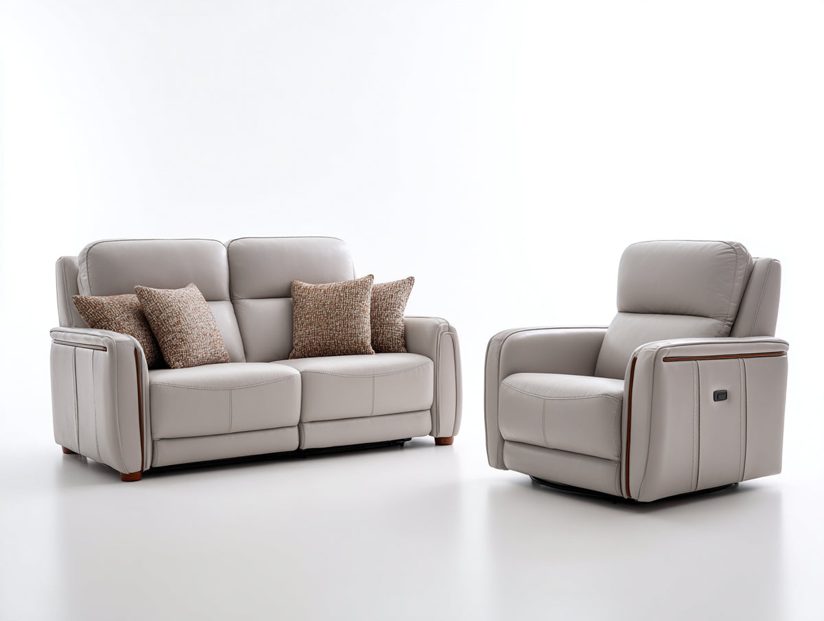 Set divani - pelle - 174 x 95 x 102 cm - grigio chiaro - moderno compatto reclinabile