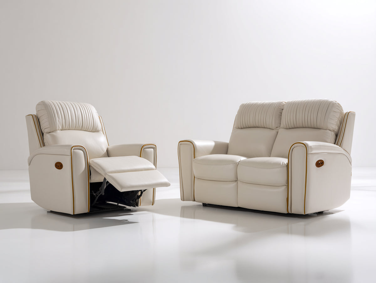 Set divani - pelle - 175 x 98 x 105 cm - crema chiaro - classico reclinabile elettrico