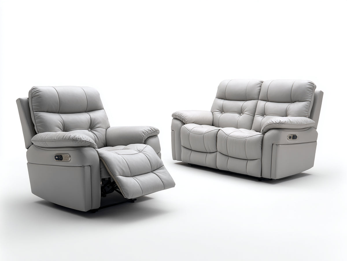 Set divani - pelle - 183 x 102 x 106 cm - grigio chiaro - moderno reclinabile elettrico