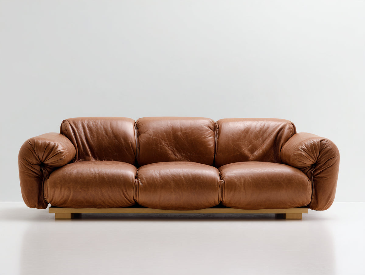 Divani a 3 posti - similpelle-legno - 225 x 100 x 88 cm - marrone cognac - stile moderno