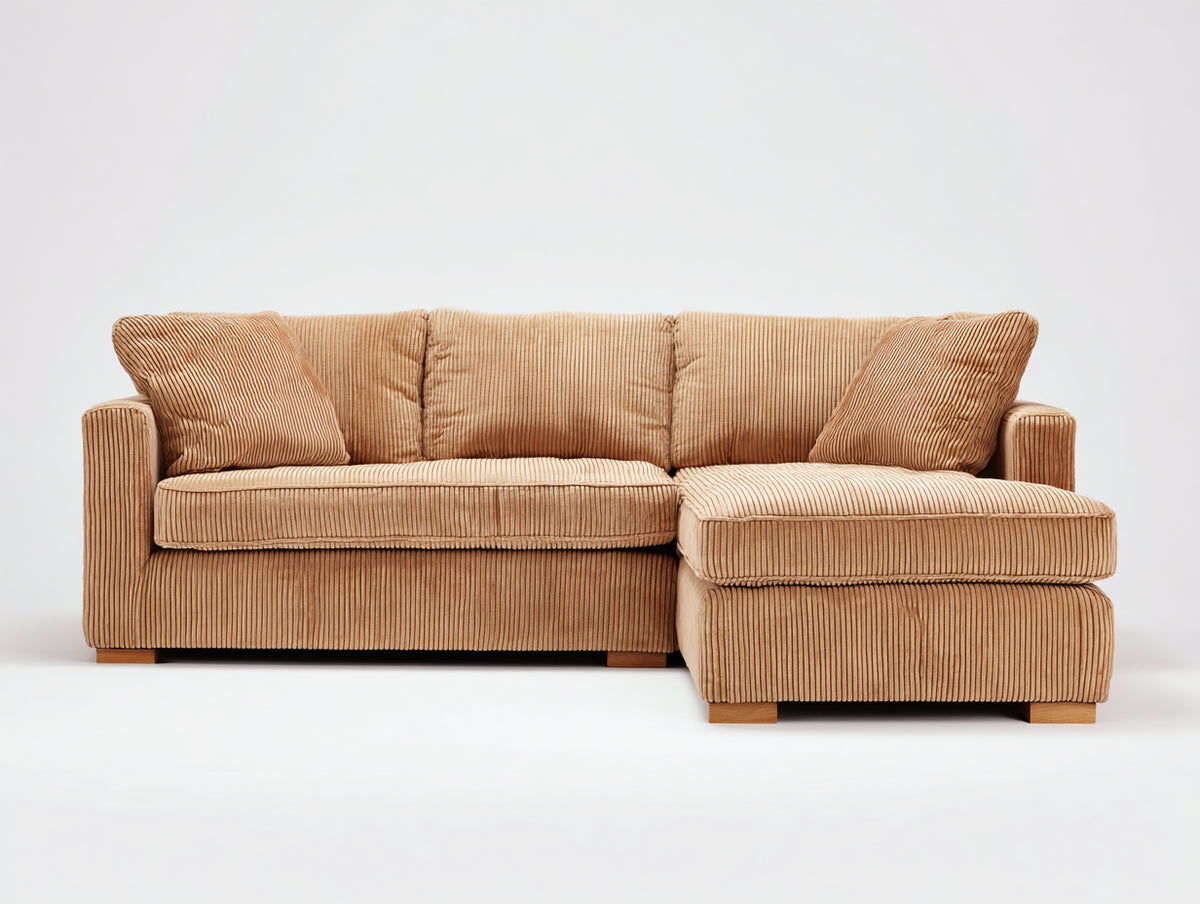 Divano angolare - velluto a coste-legno - 248 x 168 x 88 cm - beige sabbia - stile contemporaneo