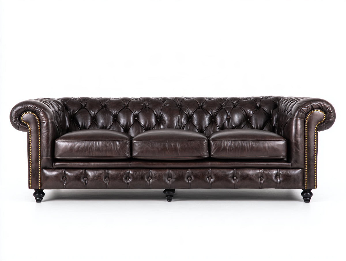 Divani a 3 posti - pelle - 236 x 98 x 79 cm - marrone scuro - stile Chesterfield