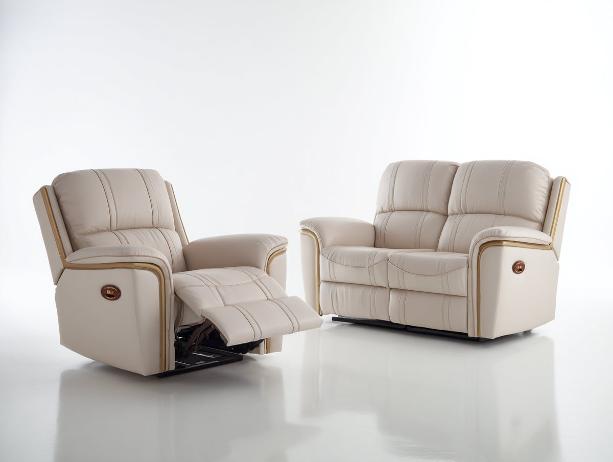 Set divani - pelle - 182 x 98 x 104 cm - beige chiaro - classico reclinabile elettrico