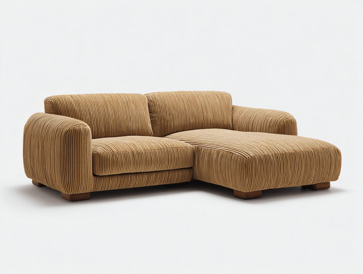 Divano angolare - velluto a coste-legno - 235 x 165 x 85 cm - beige caramello - stile contemporaneo