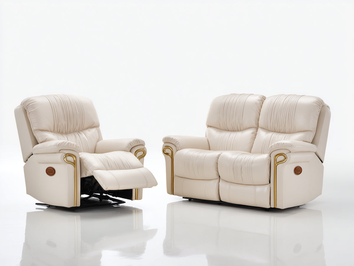 Set divani - pelle - 179 x 99 x 106 cm - crema - classico reclinabile elettrico
