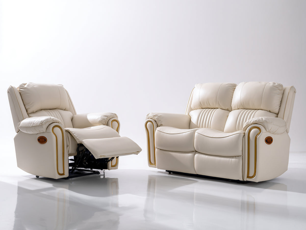 Set divani - pelle - 185 x 101 x 107 cm - avorio - classico reclinabile elettrico
